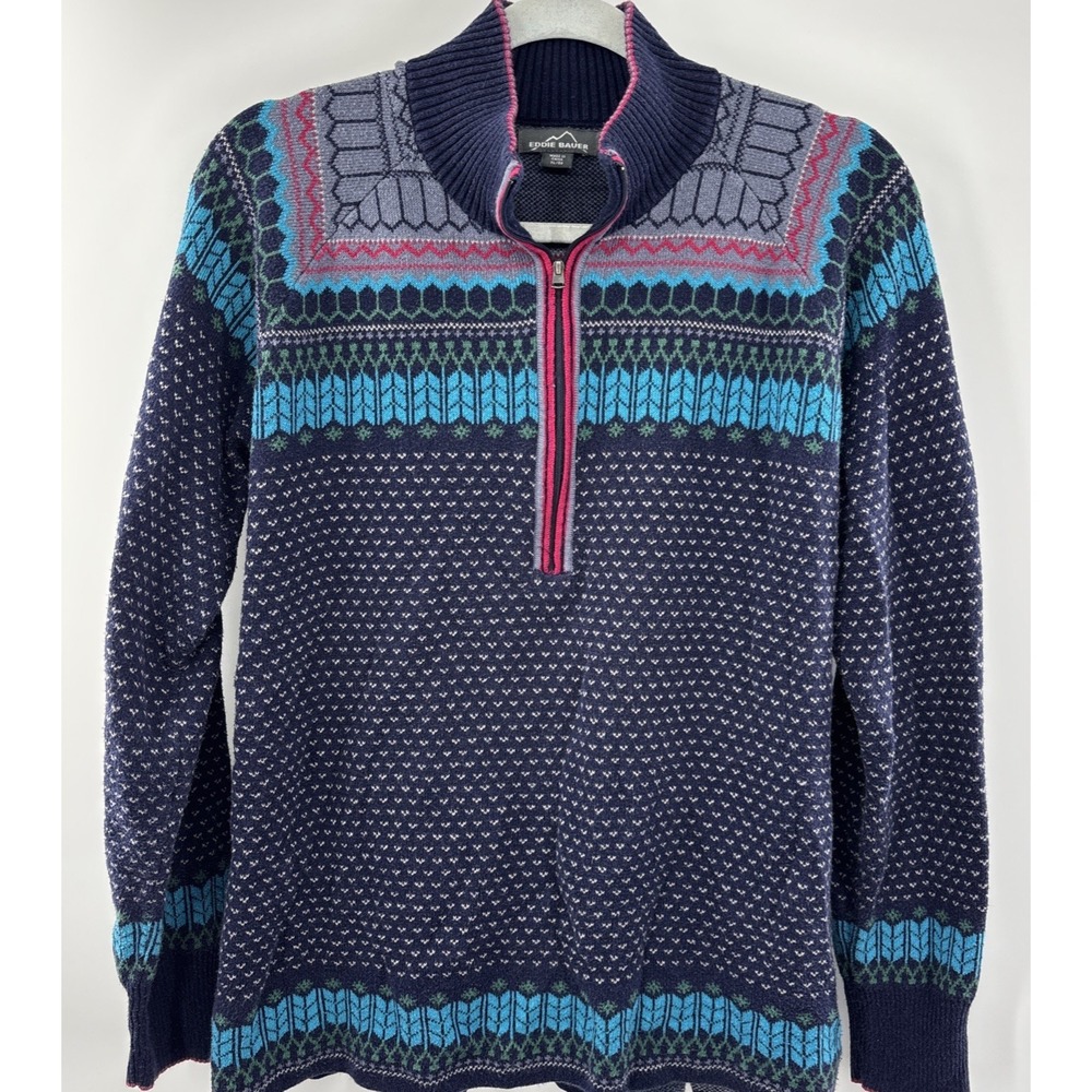 Eddie Bauer Fair Isle 1/2 Zip Sweater Women's Size XL Cabincore Holiday Outdoor‎